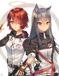  2girls animal_ears arknights clothes_writing exusiai_(arknights) fingerless_gloves gloves hair_over_one_eye halo highres hood hoodie long_sleeves looking_at_viewer multiple_girls name_tag red_eyes red_hair short_hair silver_hair smile texas_(arknights) xanax025 