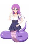 bad_id bad_pixiv_id blue_eyes blush breasts cleavage full_body haruharu55 highres jewelry lamia large_breasts long_hair monster_girl original pendant pointy_ears purple_hair scales simple_background slit_pupils solo white_background 