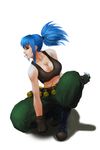  baggy_pants bare_shoulders belt black_gloves blue_eyes blue_hair breasts cleavage crop_top explosive gloves grenade grenade_pin large_breasts leona_heidern lips long_hair midriff mouth_hold nose one_knee pants ponytail solo tank_top the_king_of_fighters white_background yong_nin_young 