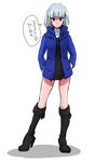  bad_id bad_pixiv_id bangs bare_legs boots breasts claude_frollo contemporary frown full_body genderswap genderswap_(mtf) hands_in_pockets high_heel_boots high_heels hood hood_down jacket knee_boots marimo_(yousei_ranbu) no_hat no_headwear purple_eyes short_hair silver_hair small_breasts solo standing the_hunchback_of_notre_dame translated younger 