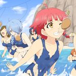  ahoge all_fours bangs beach beach_umbrella blue_hair blue_swimsuit blunt_bangs blush braid bread_eating_race breasts chris_(cross_ange) cleavage clenched_teeth closed_eyes clothes_pin cloud cross_ange day dissolving_clothes faceless faceless_female food gobanme_no_mayoi_neko green_hair groin hair_bobbles hair_ornament hair_over_one_eye hair_over_shoulder highres leaning_forward long_hair mouth_hold multiple_girls navel ocean one-piece_swimsuit open_mouth orange_hair outdoors purple_eyes red_hair rosalie_(cross_ange) school_swimsuit scrunchie short_hair side_braid silver_hair single_braid sky small_breasts standing swimsuit table teeth torn_clothes torn_swimsuit umbrella vivian_(cross_ange) wading water wavy_mouth wire wrapper yellow_eyes 