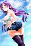  1girl artist_request ass bare_shoulders blush breasts curvy denim denim_shorts erect_nipples female from_behind green_eyes hair_ribbon huge_ass kasugano_tobari large_breasts long_hair looking_back love_live!_school_idol_project low_twintails parted_lips purple_hair purple_legwear ribbon see-through shiny shiny_clothes shiny_skin short_shorts shorts sideboob sky solo standing thighhighs toujou_nozomi twintails wide_hips 