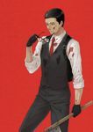  axe black_gloves black_hair blood blood_on_face bloody_clothes eyewear_removed glasses gloves hal_(sakurajam) holding holding_eyewear joseph_oda male_focus necktie solo the_evil_within vest waistcoat weapon 