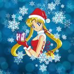 absurdres bishoujo_senshi_sailor_moon blonde_hair blue_background blue_eyes box christmas earrings gift gift_box gloves highres huge_filesize jewelry lipstick long_hair looking_at_viewer makeup pink_lipstick red_gloves riccardo_bacci santa_costume smile snowflakes solo tsukino_usagi twintails upper_body 