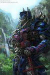  blue_eyes highres kim_yura_(goddess_mechanic) mecha no_humans optimus_prime planted_sword planted_weapon rainforest science_fiction solo sword transformers weapon 