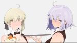  2girls :t ahoge artoria_pendragon_(all) black_bow blonde_hair blush bow bowtie brown_legwear closed_mouth commentary_request detached_collar eating fate/grand_order fate_(series) food grey_hair hair_between_eyes hair_bow hamburger highres holding holding_food jeanne_d&#039;arc_(alter)_(fate) jeanne_d&#039;arc_(fate)_(all) jeanne_d'arc_(alter)_(fate) jeanne_d'arc_(fate)_(all) jikatarou looking_at_viewer multiple_girls purple_eyes saber_alter short_hair sweatdrop tray wing_collar yellow_eyes 
