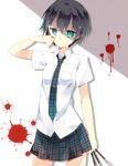  akuma_no_riddle azuma_tokaku bad_id bad_pixiv_id black_hair blood blood_splatter blue_eyes hatoichi_reno holding knife looking_at_viewer necktie plaid plaid_skirt pleated_skirt school_uniform short_hair skirt solo 