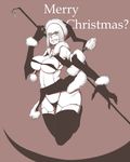  1girl bikini black_legwear breasts christmas cleavage hat highres large_breasts original santa_hat scythe short_hair smile solo swimsuit thighhighs warumono_tomii weapon white_hair yellow_eyes 