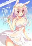  :d animal_ears bad_id bad_pixiv_id breasts bunny_ears cleavage dress dress_lift flower head_wreath holding long_hair looking_at_viewer medium_breasts no_panties open_mouth original petals red_eyes silver_hair smile solo sumisaki_yuzuna white_dress wind 