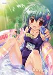  absurdres barefoot between_breasts breasts food food_themed_hair_ornament fruit green_hair hair_ornament happy highres komatsu_eiji long_hair non-web_source one-piece_swimsuit original school_swimsuit solo strawberry strawberry_hair_ornament swimsuit wading_pool water_gun wet 
