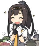  :d akizuki_(kantai_collection) bad_id bad_twitter_id brown_hair chou-10cm-hou-chan food gloves hairband kantai_collection natsume_(na_tsumen) open_mouth ponytail potato radish school_uniform serafuku smile sweet_potato 