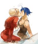 ash_crimson blonde_hair blue_hair breasts cleavage closed_eyes couple elisabeth_blanctorche french hairband hetero kiss large_breasts muse_(rainforest) pants red_pants short_hair sketch the_king_of_fighters 