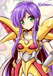  armor ayanokouji_sakuya blush choker endori expressionless ginga_ojou-sama_densetsu_yuna gloves gold_armor green_eyes hand_on_hip long_hair mecha_musume purple_hair solo twitter_username zoom_layer 