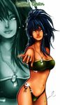  bandeau bikini blue_eyes blue_hair breasts character_name cleavage dog_tags grey_nails jewelry laura_sardinha leona_heidern lips long_hair medium_breasts nail_polish navel ponytail ring side-tie_bikini signature solo strapless swimsuit the_king_of_fighters zoom_layer 