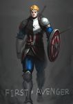  anachronism armor arrow blonde_hair blood blood_splatter breastplate captain_america chainmail facepaint gauntlets greaves knight male_focus marvel medieval over_shoulder pauldrons sheath sheathed shield solo steve_rogers sword sword_over_shoulder time_paradox walking weapon weapon_over_shoulder yong_nin_young 