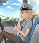  :3 aqua_eyes ashzone_harumichi blonde_hair closed_umbrella cloud curtains day earbuds earphones handheld_game_console hat highres holding jacket light_rays looking_at_viewer open_mouth original pantyhose playstation_vita sailor_hat shirt shoboon short_hair sitting skirt sky solo thighhighs train_interior tree umbrella window 