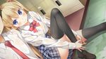  1girl :&gt; alice_third_macy bangs blonde_hair blue_bra blue_eyes blush bow bowtie bra breasts faceless faceless_male frilled_bra frills game_cg highres kantoku koi_suru_kanojo_no_bukiyou_na_butai leaning_on_person leaning_to_the_side locker long_hair long_legs medium_breasts necktie plaid plaid_skirt school_uniform see-through sitting skirt smile striped thighhighs twintails underwear vertical-striped_bra vertical_stripes very_long_hair wet wet_clothes 