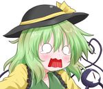  black_hat blush embarrassed eyeball green_hair guilty_gear guilty_gear_xrd hat hat_ribbon komeiji_koishi may_(guilty_gear) oden_(th-inaba) open_mouth parody ribbon shirt simple_background solo string style_parody sweatdrop third_eye touhou upper_body white_background 