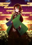  absurdres asayanagi book brown_eyes brown_hair egasumi futatsuiwa_mamizou futatsuiwa_mamizou_(human) glasses hair_ornament highres japanese_clothes leaf leaf_hair_ornament leaf_on_head long_hair pince-nez scarf smile solo touhou 