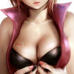  ao+beni black_bra body_writing bra breasts brown_hair cleavage collarbone front-hook_bra head_out_of_frame large_breasts lips lowres meiko nail_polish pink_nails short_hair solo twitter_username underwear upper_body vocaloid 