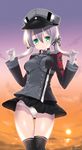  :o black_skirt blonde_hair gloves green_eyes hat kantai_collection long_hair looking_at_viewer ocean panties prinz_eugen_(kantai_collection) skirt solo sunset tajima_yoshikazu thighhighs twintails underwear white_gloves white_panties 