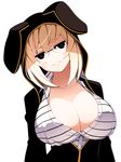  animal_hood black_eyes blonde_hair blush_stickers breasts cleavage collarbone frown glasses head_tilt hood large_breasts looking_at_viewer original shirt short_hair simple_background solo striped striped_shirt torigoe_takumi unbuttoned upper_body white_background 