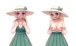  areolae bare_shoulders blonde_hair blue_eyes blush breasts collarbone dress dress_pull exhibitionism hat lady_(pokemon) long_hair looking_at_viewer medium_breasts monorus nipples pokemon pokemon_(game) pokemon_oras ponytail simple_background smile solo sun_hat white_background 