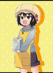  :3 apron black_hair cabbie_hat denki-gai_no_hon'ya-san hat holding hood hoodie kameko_(denki-gai) manga_(object) nebukuro41 open_mouth red_eyes shorts solo 