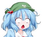  blank_eyes blue_hair chestnut_mouth collarbone dress elphelt_valentine guilty_gear guilty_gear_xrd hat kanchou kawashiro_nitori oden_(th-inaba) open_mouth parody reaction shirt shocked_eyes short_hair short_twintails simple_background solo style_parody surprised touhou twintails two_side_up upper_body white_background 