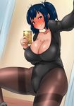  ayuayu_(shouyu_no_sato) black_legwear blue_eyes blue_hair blush breasts cellphone cleavage huge_breasts kantai_collection leotard pantyhose phone plump reaching_out self_shot short_hair smile solo souryuu_(kantai_collection) sweat thick_thighs thighband_pantyhose thighs twintails 