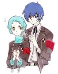  1boy 1girl aqua_hair armband bangs belt black_jacket black_ribbon blazer blue_hair breasts clenched_hands collared_shirt cropped_torso dress_shirt dressing_another jacket long_sleeves looking_at_another neck_ribbon open_clothes open_jacket persona persona_3 ribbon ribbon-trimmed_sleeves ribbon_trim school_emblem school_uniform shirt short_hair small_breasts sutei_(giru) turtleneck tying white_background white_ribbon white_shirt yamagishi_fuuka yuuki_makoto 