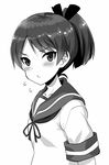  blush greyscale hair_ribbon kantai_collection kyougoku_shin looking_at_viewer monochrome open_mouth ponytail ribbon school_uniform serafuku shikinami_(kantai_collection) short_hair side_ponytail solo 