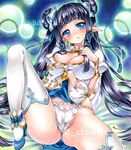  artist_name at_classics blue_eyes blue_hair breasts cleavage cleavage_cutout double_bun earrings jewelry large_breasts leg_up legs long_hair looking_at_viewer original panties pointy_ears sample solo thighhighs thighs underwear white_legwear white_panties 