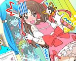  @_@ bad_id bad_nicoseiga_id benikurage blush bow brown_eyes brown_hair camera cookie_(touhou) dolphin gloves hair_bow hair_tubes hakurei_reimu ibuki_suika kanna_(cookie) long_hair mirror multiple_girls open_mouth reu ribbon ribbon_trim sananana skirt smile sweat sweatdrop touhou umo_(cookie) yin_yang 