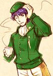  1boy ascot beret blue_hair cup ginga_eiyuu_densetsu hand_on_own_head hat holding looking_away male male_focus military military_uniform one_eye_closed open_mouth solo takuji_(dekosenn) tea uniform wink yang_wen-li 