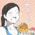  1boy 1girl agemono baseball_cap black_hair blue_eyes blush breasts cleavage eating eyes_closed food food_on_face hamburger hat heart holding looking_at_another medium_breasts mother_(game) mother_2 ness nintendo open_mouth ponytail short_hair smile standing super_smash_bros. translation_request white_skin wii_fit wii_fit_trainer 