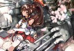  brown_eyes brown_hair cherry_blossoms detached_sleeves holding kantai_collection long_hair machinery md5_mismatch oriental_umbrella petals pleated_skirt ponytail sitting skirt smile solo tree_shade tsuuhan turret umbrella yamato_(kantai_collection) 