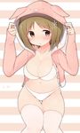  :t animal_hood bad_id bad_twitter_id blush bra breasts brown_hair cleavage collarbone dated hair_ornament hairclip hood horizontal-striped_background idolmaster idolmaster_cinderella_girls large_breasts mimura_kanako navel nekoume panties pink_legwear pout short_hair solo striped striped_background thigh_gap underwear white_bra white_panties 