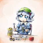  armband battery big_eyes black_eyes blue_hair box chair dress fork gears glass hands_up hat holding kawashiro_nitori key knife long_sleeves open_mouth plate pocket sauce screw shirt short_hair sitting solo touhou two_side_up usb yaise 