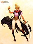  blonde_hair blue_eyes boots breasts coat copyright_name cutlass_(sword) dark_skin full_body genzoman hand_wraps hyrule_total_war medium_breasts pointy_ears red_scarf scarf sheath sheathed short_sleeves signature smile solo tetra the_legend_of_zelda torn_clothes torn_sleeves 