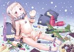  ahoge aircraft airplane barefoot breasts cake candy chocolate_bar cookie covered_navel covered_nipples dress food fruit horns kantai_collection kawamura_tenmei long_hair looking_at_viewer mittens northern_ocean_hime orange_eyes pale_skin panties plate shinkaisei-kan side-tie_panties silver_hair sitting slice_of_cake small_breasts snowing strawberry strawberry_shortcake torpedo translation_request underwear 