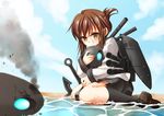  brown_hair commentary_request folded_ponytail hug i-class_destroyer inazuma_(kantai_collection) kagetsu_too kantai_collection long_hair machinery neckerchief sitting skirt solo tears wariza water wet yellow_eyes 