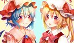  ascot bad_id bad_pixiv_id bat_wings blonde_hair blue_eyes bow flandre_scarlet hat long_hair looking_at_viewer mob_cap multiple_girls open_mouth pointy_ears red_eyes remilia_scarlet shirako_sei short_hair side_ponytail slit_pupils smile touhou wings 