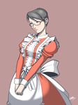  absurdres alternate_costume apron arcbuncle bad_id bad_pixiv_id black_hair blue_eyes blush braid eleanor_varrot enmaided french_braid frills glasses hair_bun highres maid maid_apron red-framed_eyewear semi-rimless_eyewear senjou_no_valkyria senjou_no_valkyria_1 simple_background solo under-rim_eyewear v_arms wrist_cuffs 