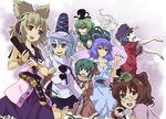  akuto animal_ears bamboo_broom blue_eyes blue_hair broom brown_eyes brown_hair dress earmuffs flower futatsuiwa_mamizou ghost_tail glasses green_dress green_eyes green_hair hair_ornament hair_rings hair_stick hat japanese_clothes jiangshi kaku_seiga kariginu kasodani_kyouko leaf leaf_on_head miyako_yoshika mononobe_no_futo multiple_girls ofuda open_mouth outstretched_arms pince-nez pipe pointy_hair ponytail raccoon_ears ritual_baton shawl short_hair silver_hair skirt sleeveless smile soga_no_tojiko star tail tate_eboshi ten_desires touhou toyosatomimi_no_miko vest zombie_pose 