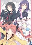  :d aihara_enju animal_ear_fluff animal_ears black_bullet black_hair blue_eyes brown_eyes company_connection cover cover_page crossover doujin_cover fox_ears fox_tail hair_ornament highres itoichi. kon_(tokyo_ravens) long_hair multiple_girls nbc_universal open_mouth outstretched_arms purple_eyes purple_hair red_hair school_uniform serafuku smile spread_arms tail tendou_kisara tokyo_ravens tsuchimikado_natsume twintails white_hair 