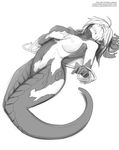  absurdres apophis_(monster_girl_encyclopedia) bad_id bad_pixiv_id breasts closed_eyes clutching_chest crying greyscale hair_over_one_eye highres lamia large_breasts less long_hair monochrome monster_girl monster_girl_encyclopedia navel nipples rope scales sketch solo tears transformation watermark web_address 