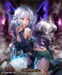  1girl all_fours armor bare_shoulders boots bridal_gauntlets copyright_name earrings elbow_gloves fire flame gloves glowing glowing_eyes hand_on_own_chin helmet jewelry long_hair map matsuda_(matsukichi) pantyhose purple_eyes shingeki_no_bahamut shorts silver_hair smile sweat sword torch weapon wings 