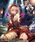  1girl armor bare_shoulders blonde_hair copyright_name elbow_gloves fire flame gloves hairband hand_on_own_chin map matsuda_(matsukichi) open_mouth purple_eyes shingeki_no_bahamut short_hair shorts smile sword torch weapon wings 