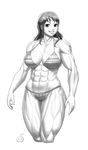  1girl abs bikini breasts highres large_breasts long_hair lvl_(sentrythe2310) monochrome muscle nami nami_(one_piece) one_piece smile swimsuit tattoo teeth 
